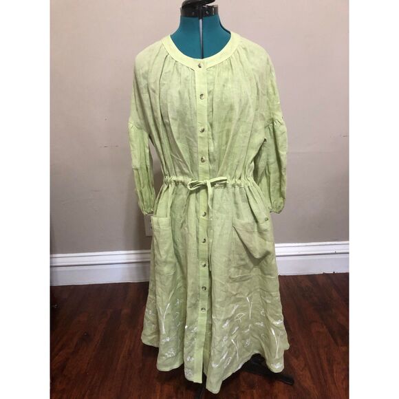 Oh Seven Days Embroidered Linen Green Lagenlook Shirt Dress, Embroidered, OS - Picture 6 of 9